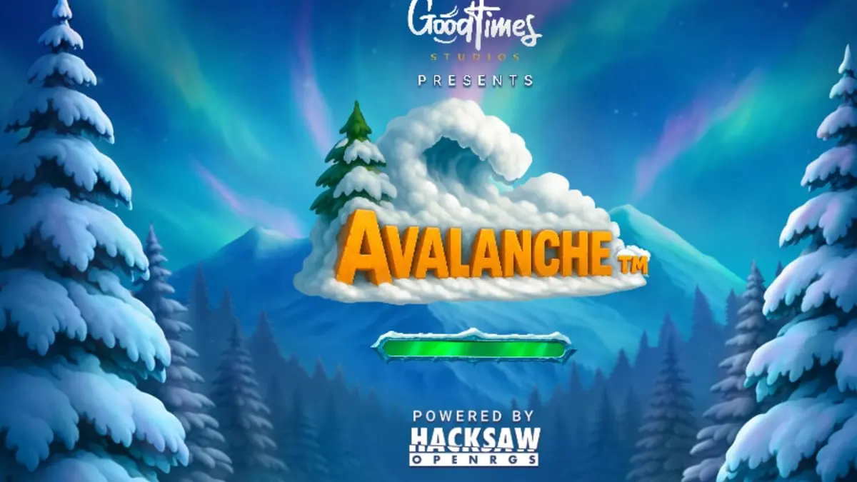 Pemandangan pegunungan bersalju dalam slot Avalanche dengan karakter Yeti yang lucu.