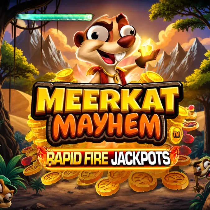 Tampilan visual ceria dari slot Meerkat Mayhem dengan karakter meerkat dan elemen petualangan.